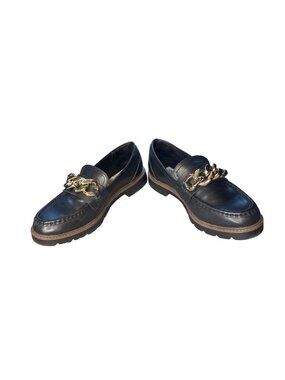 Aqua College Black Leather Loafer Gold Chain Lug Sole Size 7 Waterproof